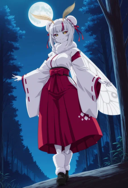 safe_pos, (masterpiece, best quality), anime coloring,
1girl, moth girl, arthropod girl, monster girl, silver hair, hime cut, short hair, double bun, bun cover for double bun, red hair ribbon, white skin, yellow eyes, black sclera, red eyeshadow, japanese clothes, white sleeves, long sleeves, wide sleeves, white kimono, red hakama, medium breasts, smile, moth antennae, feather antennae, neck fur, fur collar, white fur, white wings, moth wings, white fur boots
BREAK
outdoors, night, forest, moon