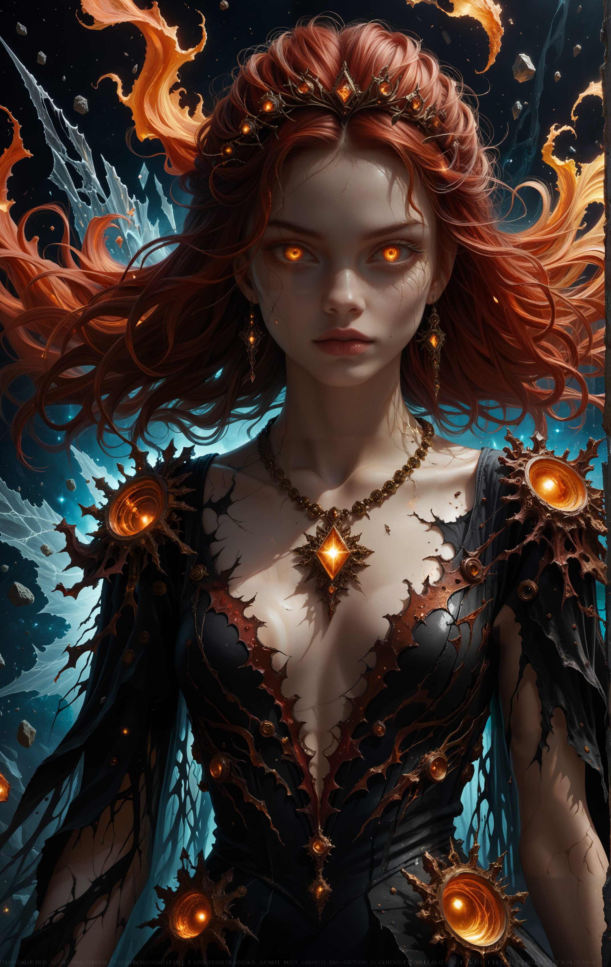 score_9, score_8_up, score_7_up, score_6_up,
SV,
highly detailed realistic CGI artwork, young woman with fiery red hair, voluminous messy updo,
slender athletic build, light skin tone, piercing deep brown glowing eyes, fractured with glowing void-like cracks,
shattered red gown, leather and fabric shards floating, intricate golden patterns split into fragmented pieces,
ethereal void energy swirling around, engulfing upper body, hair dissolving into dark, swirling void tendrils,
molded gown shattered, shards accentuating bust, plunging neckline with glowing void fissures, ornate necklace breaking apart into void fragments, eerie and surreal void-filled atmosphere.