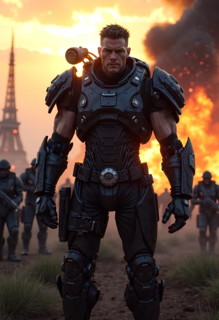 A futuristic battlefield reveals a captivating scene. YoungMoxie, a grizzled cyborg, stands amidst the chaos with his face clearly lit, his exosuit, now worn with battle damage, reflecting the setting sun's rays. The exosuit, a masterpiece of gothic design, enhances his muscular frame, its bulkiness conveying strength and resilience. YoungMoxie's presence, a fusion of human and machine, exudes determination and a sense of duty. This cinematic film still, with its retro arcade style, captures a moment of intense action, where his cybernetic enhancements and battle-worn armor leave viewers enthralled by the fusion of technology and warfare in this dystopian, futuristic world, <lora:flux_trainer/moxiePunk_v4D>