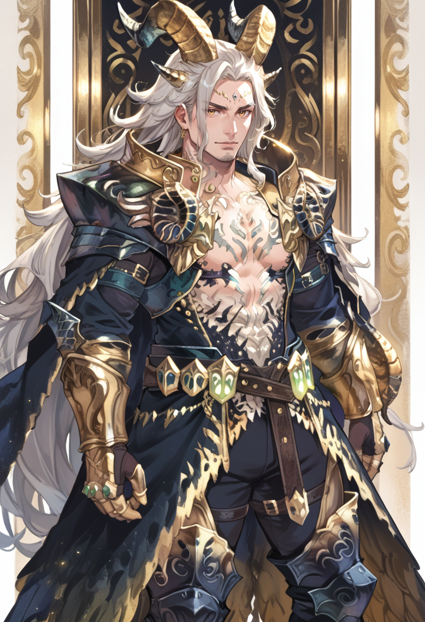 (score_9:0.9),score_8_up,score_7_up,rating_safe,anime style,(zPDXL),<lora:EX Kulve Taroth Alpha male ponyXL v1:0.73>,ex kulve taroth alpha armor,1boy,grey hair,solo,gold horns,very long hair,gold gauntlets,looking at viewer,gold theme,standing,male focus,large pectorals,muscular male,black knee boots,gold pauldrons,mature male,sitting,