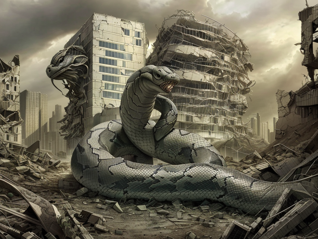a detailed scaled (giant snake moving along) a modern building in front of a (city in ruins:1.2).
 <lora:Wasteland:0.75> Wasteland, the, and, with, wasteland, background