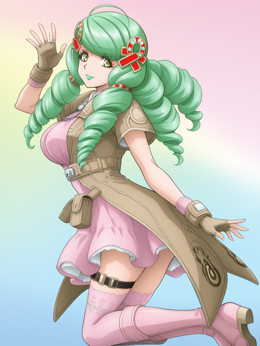 perfect quality,best quality,absolutely eye-catching,ambient occlusion,raytracing BREAK
1girl,<lora:fiore mikifiore IL v1.1:0.8>,mikifiore,green hair,yellow eyes,green lips,drill hair,hair ornament,pink dress,brown open coat,short sleeves,fingerless gloves,pouch,thighhighs,thigh strap,pink boots,, from side,wide_shot,arched_back,ok_sign,waving,yokozuwari,