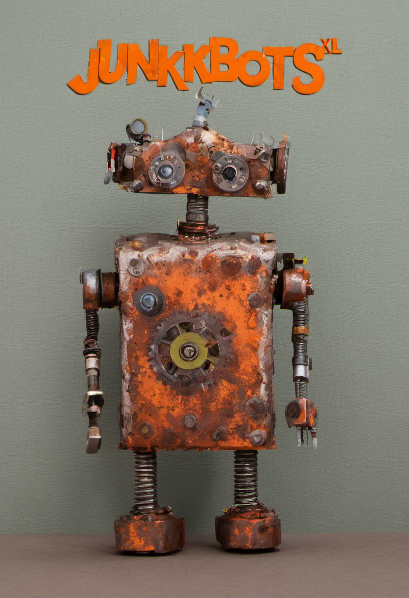 <lora:JunkBots_XL-000007:1> A tight formation of characters standing shoulder to shoulder, each exuding a distinct personality, (under the unified, rusty metal text "JUNKBOTS XL":1.9), movie poster