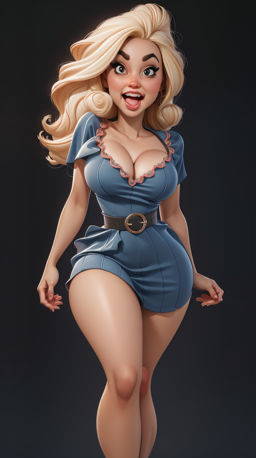 high detailed, masterpiece  <lora:P4p4N1nj4:0.7> 1girl cartoon character in blue dress, long blonde hair, lewd expression, open mouth, tonge out, looking at viewer, perfect hands, big breast, wide hips, thick thighs, ultra realistic digital art, a 3D render, photorealism, clean scene, black background, black wall