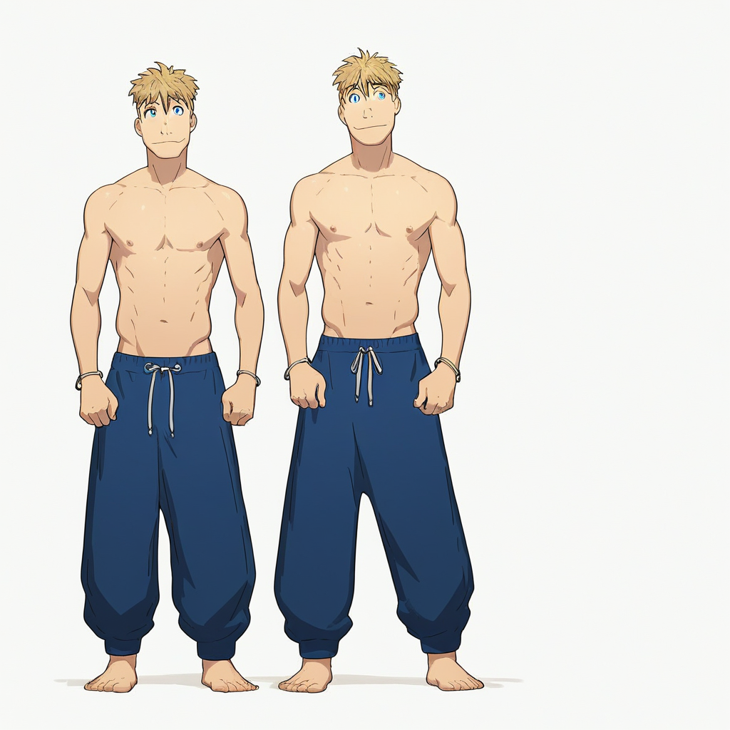 Jean Havoc, 1boy, blonde hair, male focus, blue eyes, male swimwear, swim trunks, topless male, bracelet, big bracelet, score_9, score_8_up, score_7_up, score_6_up <lora:vinceteaa_020_04v2-step00000400r:1> good face, good eyes, looking at viewer, full body,