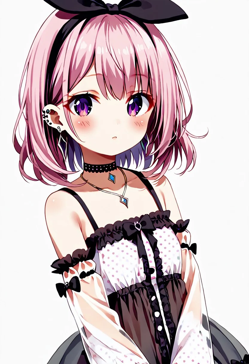score_9, score_8_up, score_7_up, 1girl, prow, original costume, polka_dot, polka_dot_bow, jewelry, earrings, purple_eyes, choker,  pink_hair, upper_body, hairband, bow, black_choker, hair_bow, blush, detached_sleeves, necklace, bangs, polka_dot_shirt, multicolored_hair, see-through_sleeves, hair_ornament, long_hair, black_bow, piercing, pendant, ear_piercing, medium_hair, bare_shoulders, polka_dot_dress,