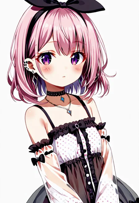 score_9, score_8_up, score_7_up, 1girl, prow, original costume, polka_dot, polka_dot_bow, jewelry, earrings, purple_eyes, choker,  pink_hair, upper_body, hairband, bow, black_choker, hair_bow, blush, detached_sleeves, necklace, bangs, polka_dot_shirt, multicolored_hair, see-through_sleeves, hair_ornament, long_hair, black_bow, piercing, pendant, ear_piercing, medium_hair, bare_shoulders, polka_dot_dress,