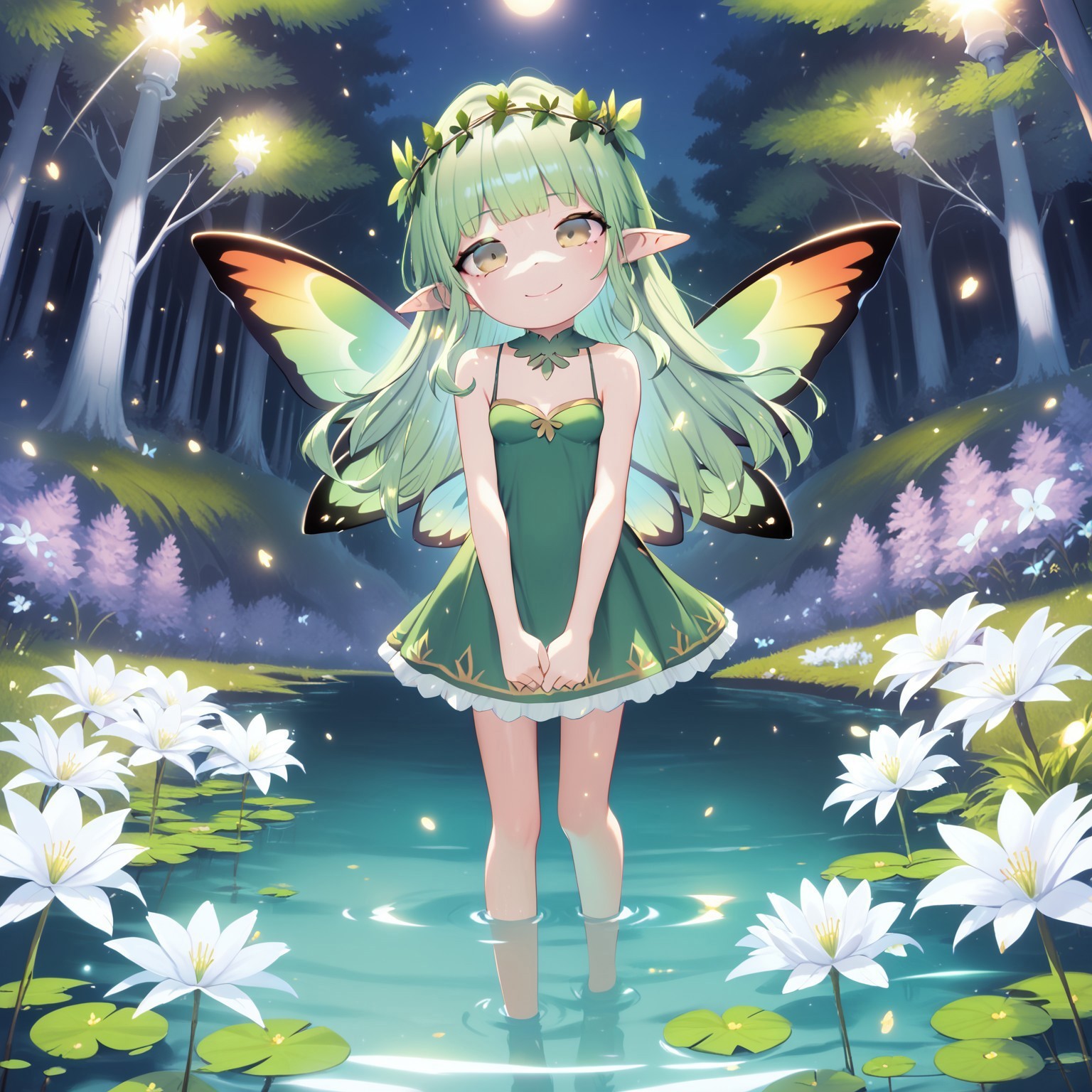 safe_pos, score_9, score_8_up, score_7_up, 1girl, short girl, green hair, long hair, straight hair, fringe, pointy ears, yellow eyes, small breasts, red cheeks, light smile, head tilt, v arms, looking at viewer, butterfly wings, flowers crown, short green dress, sleevesless dress, standing, legs under water, from in front, lake, forest, fireflies in the air, night, night lighting, Henreader, (masterpiece), (absurd detail), (high quality), (4k), (absurdres), (best quality), (ultra-detailed)