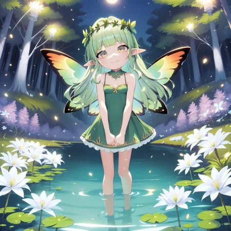 safe_pos, score_9, score_8_up, score_7_up, 1girl, short girl, green hair, long hair, straight hair, fringe, pointy ears, yellow eyes, small breasts, red cheeks, light smile, head tilt, v arms, looking at viewer, butterfly wings, flowers crown, short green dress, sleevesless dress, standing, legs under water, from in front, lake, forest, fireflies in the air, night, night lighting, Henreader, (masterpiece), (absurd detail), (high quality), (4k), (absurdres), (best quality), (ultra-detailed)
