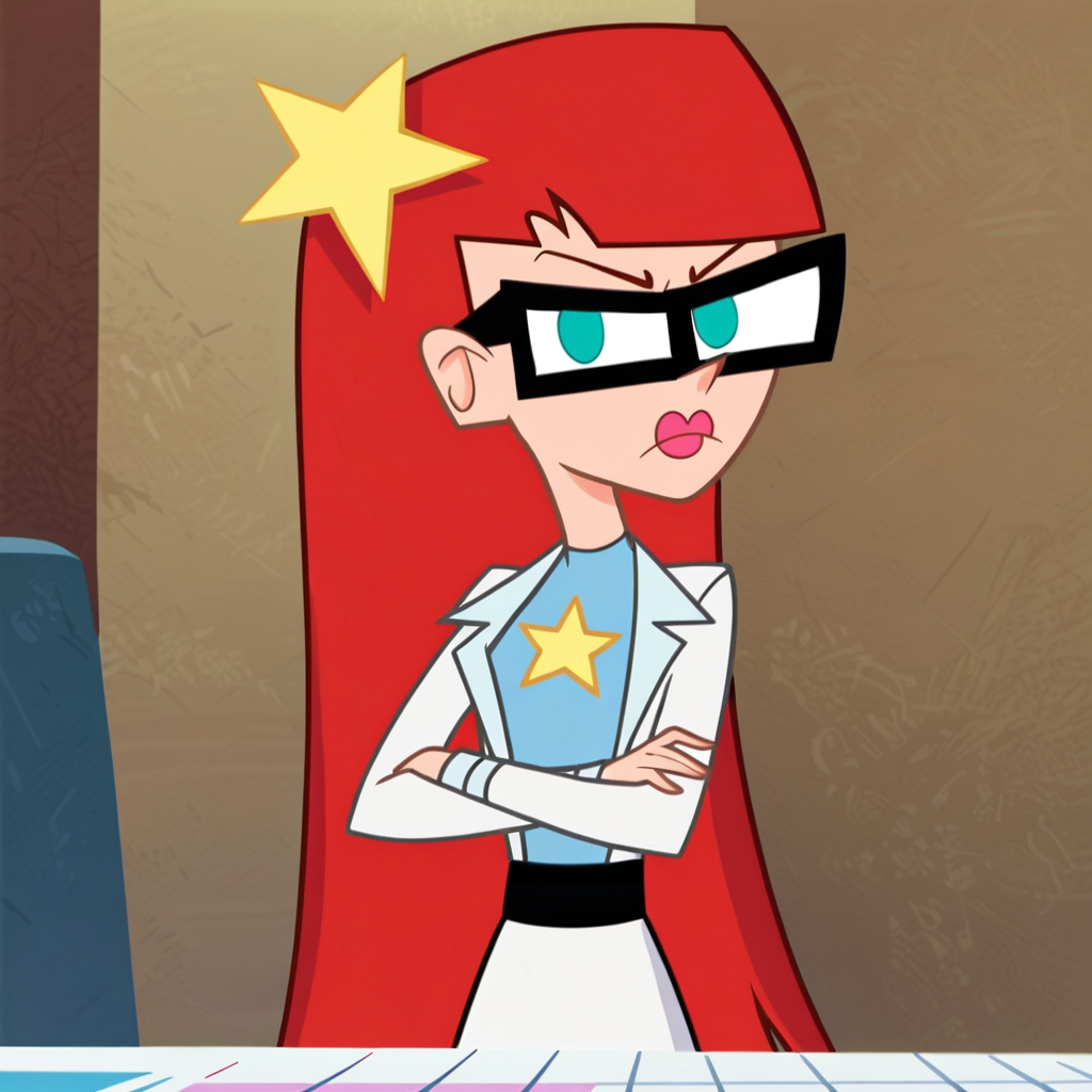 score_9, score_8_up, score_7_up, 1girl, red hair, glasses, blue eyes, style parody, long hair, blunt bangs, lipstick, star hair ornament, small breasts, narrow waist, wide hips, looking at viewer, crossed arms, angry, highres, high quality, masterpiece, <lora:Susan_Test_Reboot:1> <lora:flat_color_anime_xl:1>