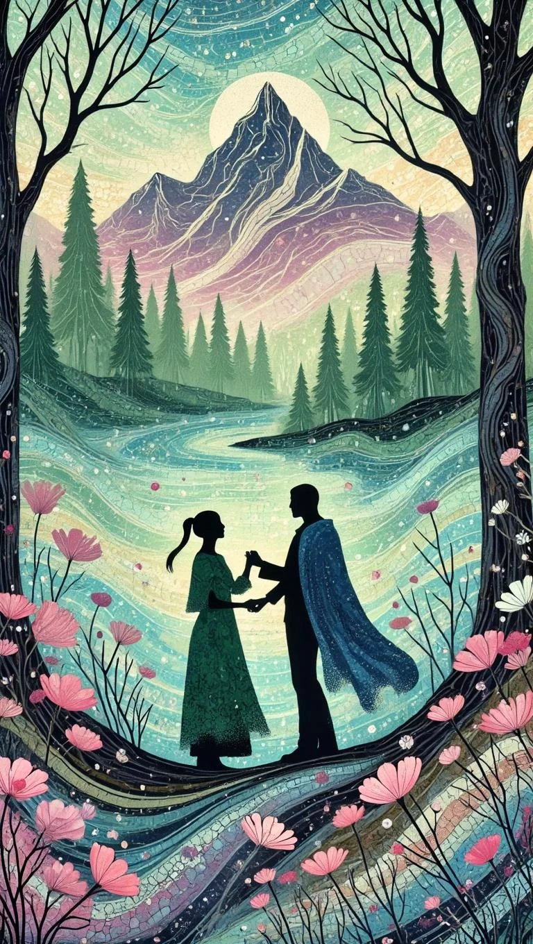 <lora:Silhuflowart2.safetensors:1> Silhuflowart, Silhouette, Fluid, Pastel
In the heart of a dense forest in Banff National Park, a serene lake shimmers under a canopy of evergreen trees. The trees, ancient and wise, their roots intertwined like the fibers of a tapestry, stand as silent guardians of the tranquil waters. The lake, a mirror of the soul, reflects the majestic Mount Temple peak, its summit peeking through the partly cloudy sky, a beacon of strength and serenity.
Vibrant pink flowers, delicate and resilient, frame the lakeshore, their petals soft and inviting, adding a gentle touch of color to the scene. The air is filled with a subtle fragrance, a gentle blend of pine and wildflowers, wrapping around the senses like a warm embrace.
A middle-aged woman, perhaps in her late thirties, stands by the water's edge. Her dark hair, tied back in a simple braid, catches the light, and her forest-green tunic and dark trousers blend seamlessly with the surroundings. She is accompanied by a man, around the same age, his weathered face marked by the lines of experience, yet his eyes shine with a youthful vigor. He wears a deep blue cloak, its texture soft and worn, a testament to many journeys.
They stand close, their hands gently touching, a silent connection that speaks volumes. The man reaches out, his fingers brushing against a nearby tree, feeling the rough bark, and the woman leans into his touch, her eyes closing for a moment as she breathes in the moment. The colors of the forest, the textures of the trees, and the gentle glow of the early evening light all converge to create a space of profound intimacy and connection.
This picturesque setting, with its elements of nature and human emotion, is a symphony of the soul, a testament to the beauty and depth of the human experience.