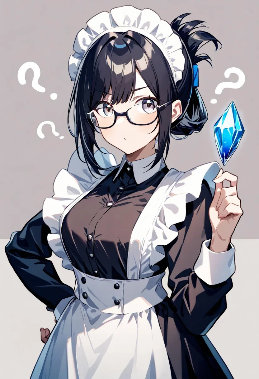 masterpiece, best quality, absurdres, year 2023, maid, long dress, dark dress, white apron, maid headdress, glasses, black hair, folded ponytail, ?, hand on hip, confused expression, holding up a large crystal