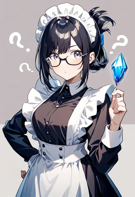 masterpiece, best quality, absurdres, year 2023, maid, long dress, dark dress, white apron, maid headdress, glasses, black hair, folded ponytail, ?, hand on hip, confused expression, holding up a large crystal