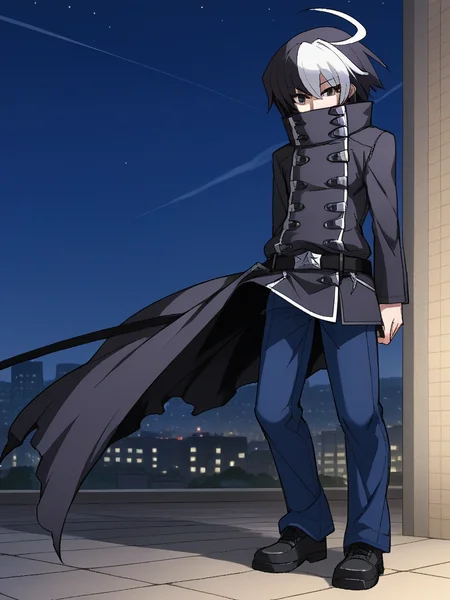 1boy, solo, sethuni, two-tone hair, multicolored hair, black hair, white hair, ahoge, black eyes, black coat, high collar, covered mouth, black belt, blue pants, black shoes, standing, outdoors, city, night, plaza, full body, expressionless