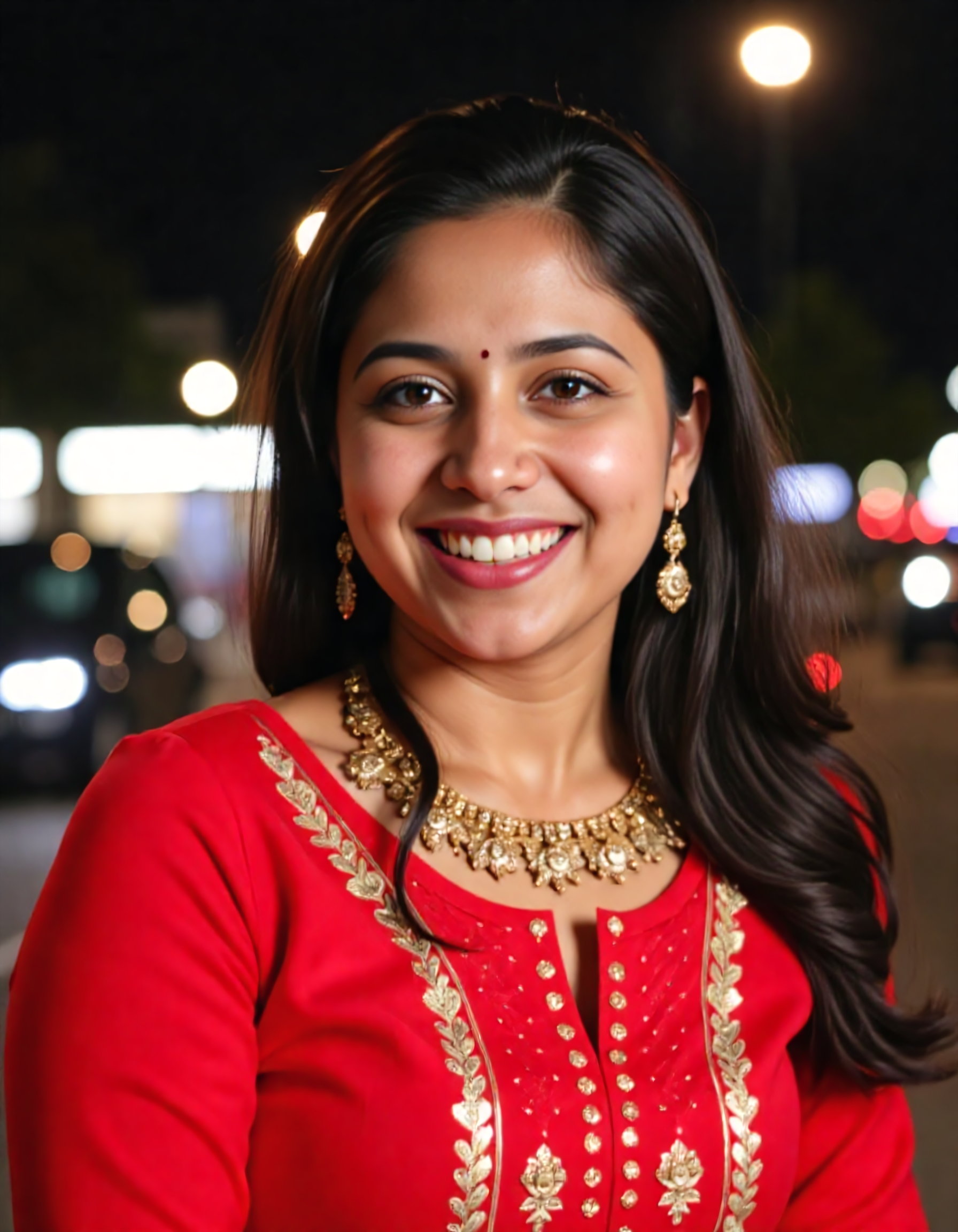 close_up photo of a well dressed desi woman, wearing Red colored Patiala Suit, happy,solo focus, city light in background bokeh <lora:Desi_Coffee_Flux_Kohya_LoHa_v2:0.8>âââ