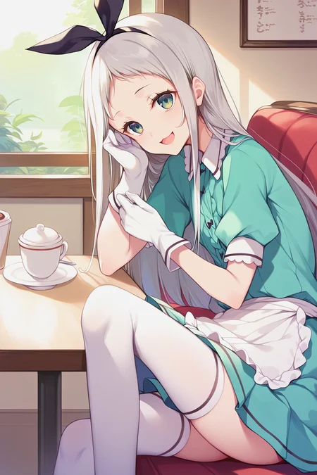 score_9, score_8_up, score_7_up, uncensored, source_anime, <lora:spblendsKanzakiHideriXL:1> hideridef, otoko no ko, hair bow, black hairband, dress, short sleeves, frills, waist apron, frilled apron, skirt, white gloves, white thighhighs, cafe, sitting, open-mouth smile