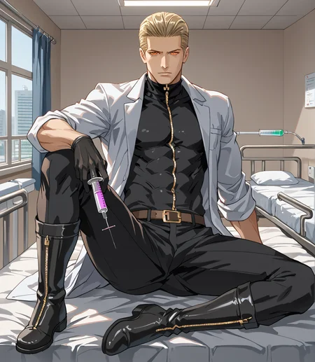PonyScores7, source_anime, ah1, BREAK <lora:albertwesker-guy-PONYv1:0.8> albertwesker, albert wesker, 1boy, blonde, black gloves, (sunglasses:1.3), belt, black coat, black pants, looking at viewer, toned, athletic, fit, slicked back hair, black turtleneck, zipper, mature male, short hair, black boots, (<lora:1124 hospital bed_v1_pony:0.8> ruanyi1124,hospital bed,still life, sits on bed, holding syringe, medical syringe), (hospital, indoors, room, wearing white lab coat), (focused, intense glare, apathetic, contemptuous), (reddish orange eyes, slit pupils), (angular face, sharp_featured face), handsome, charming, alluring, BREAK <lora:xl_more_art-full_v1:0.2>, <lora:shinyskin2:0.2> glistening skin, <lora:aesthetic_anime_v1s:0.2>, <lora:Expressive_H:0.2> Expressiveh, <lora:hairdetailpxl:0.2> hairdetailpxl, <lora:EpicF4nta5yXL:0.2>, <lora:detailxl:0.2> detailxl, <lora:Fant5yP0ny:0.2>, best quality, amazing quality, best aesthetic, absurdres, <lora:expressive eyes:0.2> expressive eyes, <lora:eyedetailpxl:0.2> eyedetailpxl, illustration, Volumetric_Lighting, ultra-detailed, very aesthetic, intricate details, 8k, masterpiece, best_quality, BREAK <lora:Eyes_High_Definition:0.3> EyesHD, Stable_Yogis_PDXL_Positives, AS-Adult, <lora:Complicated fantasy portrait - XL Pony V2.0:0.4>, bad-hands-5, AS-MidAged, <lora:natsumi_style:0.5>,