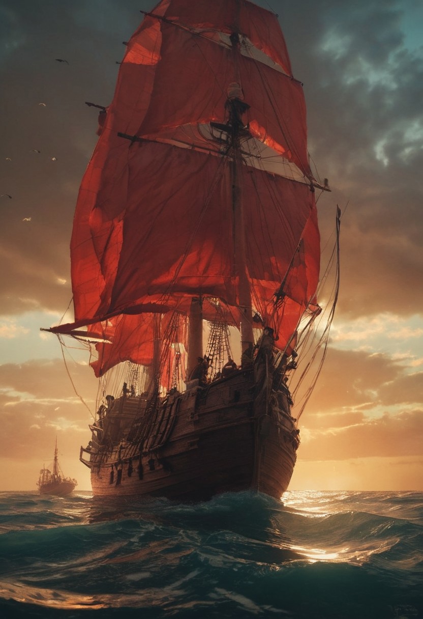 The women appear as if they are bathing, evoking the image of a female Atlas. The boat is a massive wooden galley with vibrant yet bleaked translucent red sails, adorned with an ancient Atlantean emblem. The galley floats quietly on a calm, pale sea under a nearly clear sky with few clouds, in sweltering heat.
The background is detailed and atmospheric, with a haze adding to the cinematic quality of the image. The overall mood is epic and moody, with a high-budget, cinemascope feel. The image has a film grain and is very detailed, reminiscent of a 2000s vintage RAW photo, with a photorealistic, candid camera effect. The color grading is cinematic, with eye-catching light and natural imperfections, captured with a shallow depth of field.