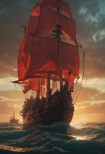 The women appear as if they are bathing, evoking the image of a female Atlas. The boat is a massive wooden galley with vibrant yet bleaked translucent red sails, adorned with an ancient Atlantean emblem. The galley floats quietly on a calm, pale sea under a nearly clear sky with few clouds, in sweltering heat.
The background is detailed and atmospheric, with a haze adding to the cinematic quality of the image. The overall mood is epic and moody, with a high-budget, cinemascope feel. The image has a film grain and is very detailed, reminiscent of a 2000s vintage RAW photo, with a photorealistic, candid camera effect. The color grading is cinematic, with eye-catching light and natural imperfections, captured with a shallow depth of field.