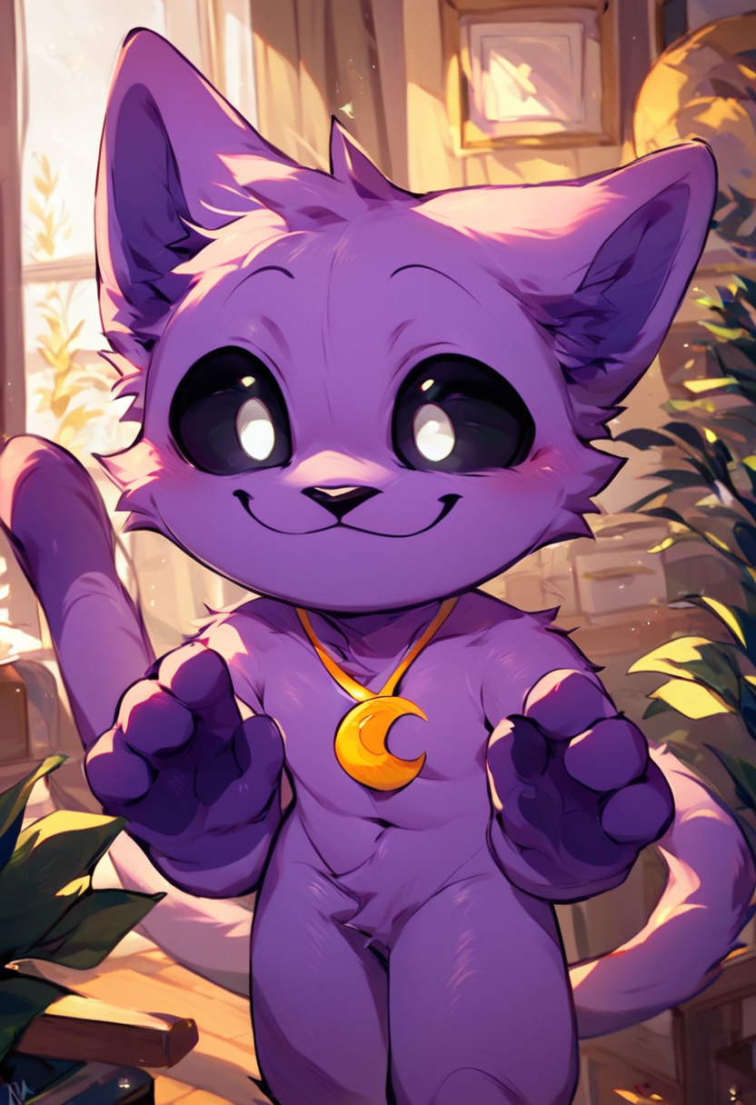 score_9, score_8_up, score_7_up, high quality, hires, catnap, poppy_playtime, furry, male, solo, black sclera, white eyes, long tail, cute, chibi, yellow crescent-shaped necklace, smile, looking at viewer, room, <lora:Cat_Nap_Poppy_Playtime:1>