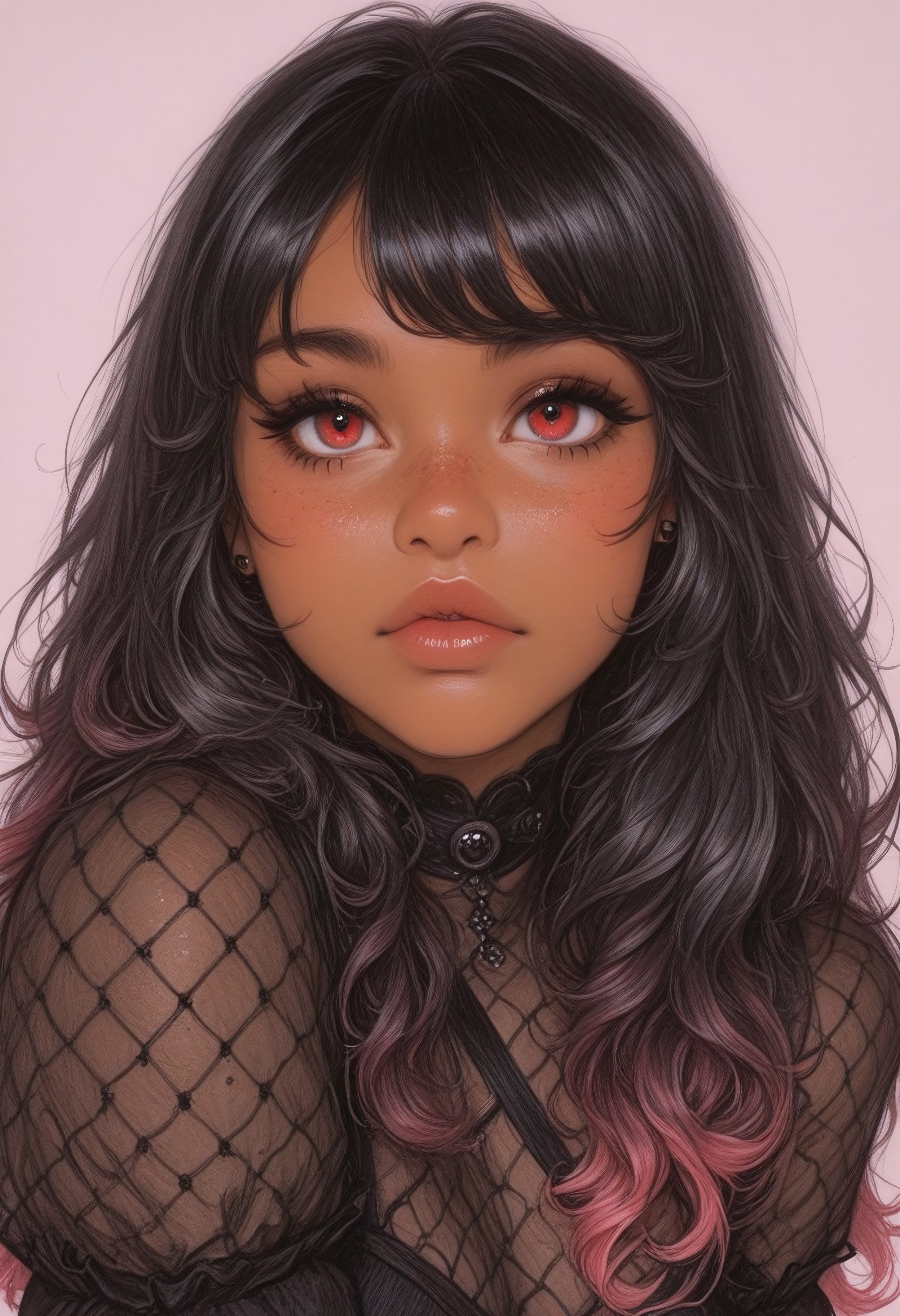 sketch, paper texture, traditional media,
masterpiece, best quality, very aesthetic, absurdres, sketched, lineart, sketched-shading, (anime coloring:1.2), dynamic lighting, ambient light, soft light, usnr, artist:moriimee, line art,

female, gradiant red-black hair, curly hair, long hair, curly bangs, freckles, dark-skinned_female, ebony, looking at viewer, gradient hair, gothic clothing,
face focus, beautiful eyes, red eyes, piercing gaze,
dynamic pose, off balance, dominant expression,
outfit, clothes, 

[layered_composition], pencil drawing style, pastel colors, pencil colors,
simple background, gradient, high detail, sharp shading, soft shadows,
