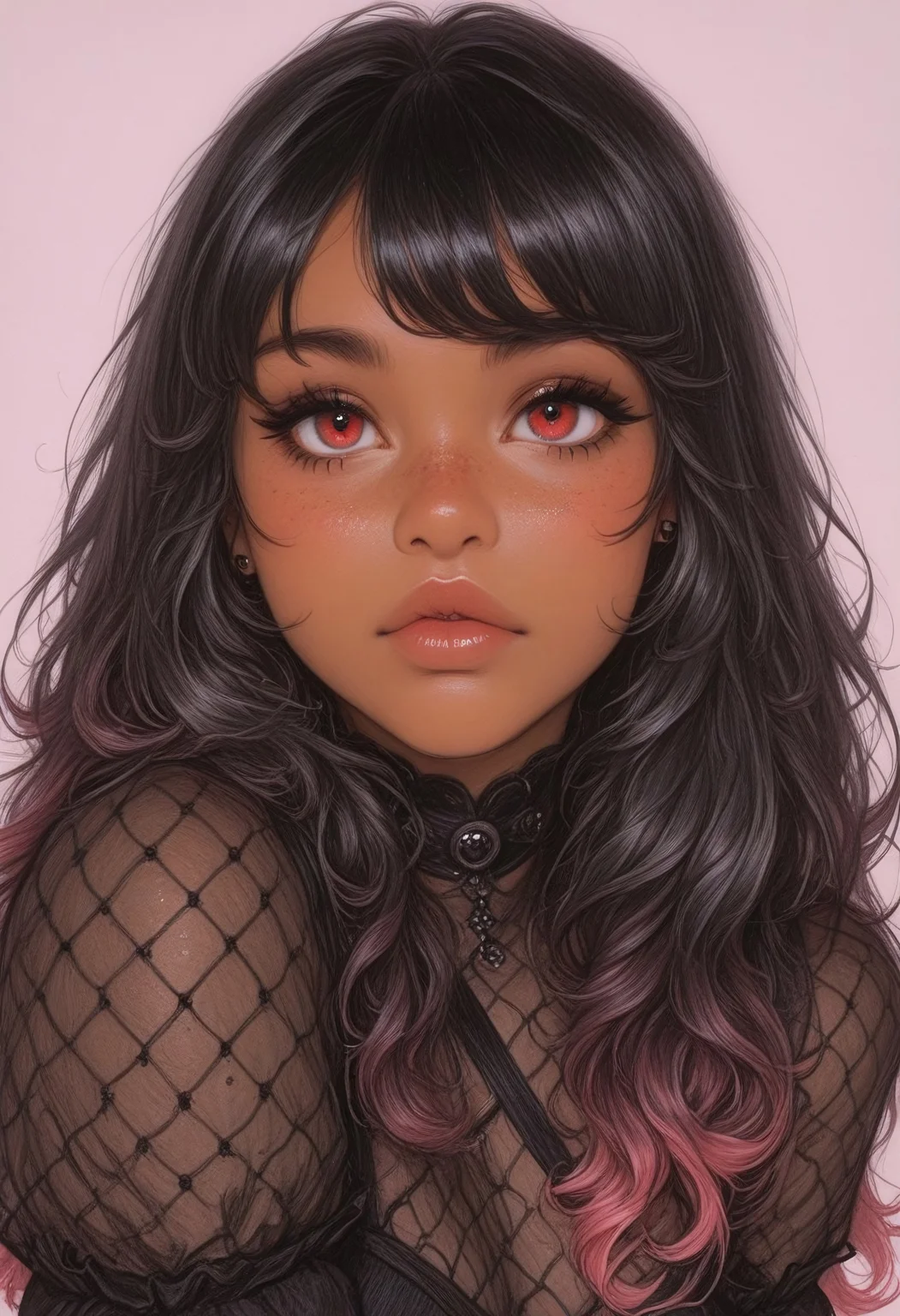 sketch, paper texture, traditional media,
masterpiece, best quality, very aesthetic, absurdres, sketched, lineart, sketched-shading, (anime coloring:1.2), dynamic lighting, ambient light, soft light, usnr, artist:moriimee, line art,

female, gradiant red-black hair, curly hair, long hair, curly bangs, freckles, dark-skinned_female, ebony, looking at viewer, gradient hair, gothic clothing,
face focus, beautiful eyes, red eyes, piercing gaze,
dynamic pose, off balance, dominant expression,
outfit, clothes, 

[layered_composition], pencil drawing style, pastel colors, pencil colors,
simple background, gradient, high detail, sharp shading, soft shadows,