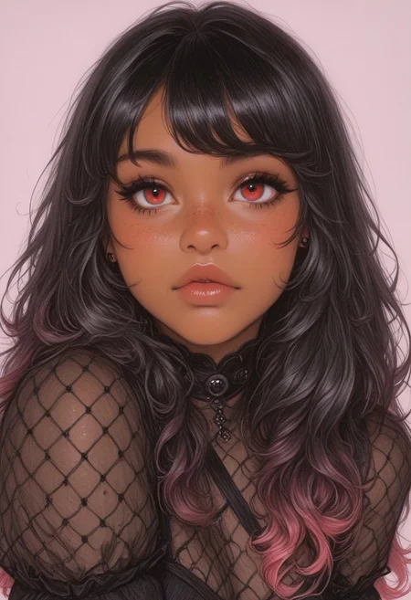sketch, paper texture, traditional media,
masterpiece, best quality, very aesthetic, absurdres, sketched, lineart, sketched-shading, (anime coloring:1.2), dynamic lighting, ambient light, soft light, usnr, artist:moriimee, line art,

female, gradiant red-black hair, curly hair, long hair, curly bangs, freckles, dark-skinned_female, ebony, looking at viewer, gradient hair, gothic clothing,
face focus, beautiful eyes, red eyes, piercing gaze,
dynamic pose, off balance, dominant expression,
outfit, clothes, 

[layered_composition], pencil drawing style, pastel colors, pencil colors,
simple background, gradient, high detail, sharp shading, soft shadows,