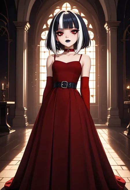 (masterpiece), 8k, best quality, ultra-detailed, (high res), cinematic lighting, beautiful lighting, high quality, studio quality, detailed, insanely detailed, extreme detail, refined detail, perfect detail, max detail, smooth lighting, detailed background, hyper detailed body, beautiful lighting, vibrant lighting, global illumination, absurdres, high-res, dynamic lighting, score_9, score_8_up, score_7_up, score_6_up, score_5_up, score_4_up, ponypositive, 1girl, solo, solo focus, (narrow waist, skinny, small body, slim), looking at viewer, (3/4 view), indoors, (Gothic Castle), bright lighting, daylight, sunshine, cute, kawaii, gleaming eyes, (closed mouth), no expression, legs spread, big eyes, (standing), alone, Expressiveh, (hands by sides), (rating_safe, sfw), cgi, (dark red dress, black dress accents, goth dress), goth, blunt bangs, (dark red elbow gloves), long hair, red eyes, makeup, (black leather boots), black stockings, (dark red choker), lips, total drama, Crimson_(Total_Drama), (pale white skin), black lips, lipstick, (black hair, white highlights, white streaks), (long dress), (goth makeup), black belt, (goth jewelry)