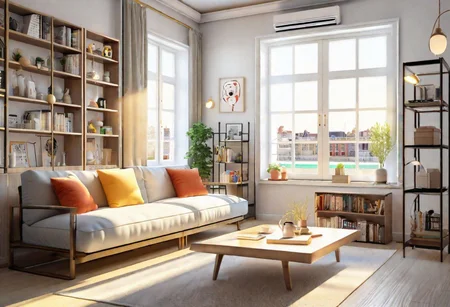 ((front view)), anime-style, modern-style interior, with white walls, (large windows), Nordic-style furniture, a  study, Sofa, coffee table, bookcase, single wall, 
warm light morning sun, (the view of the city)