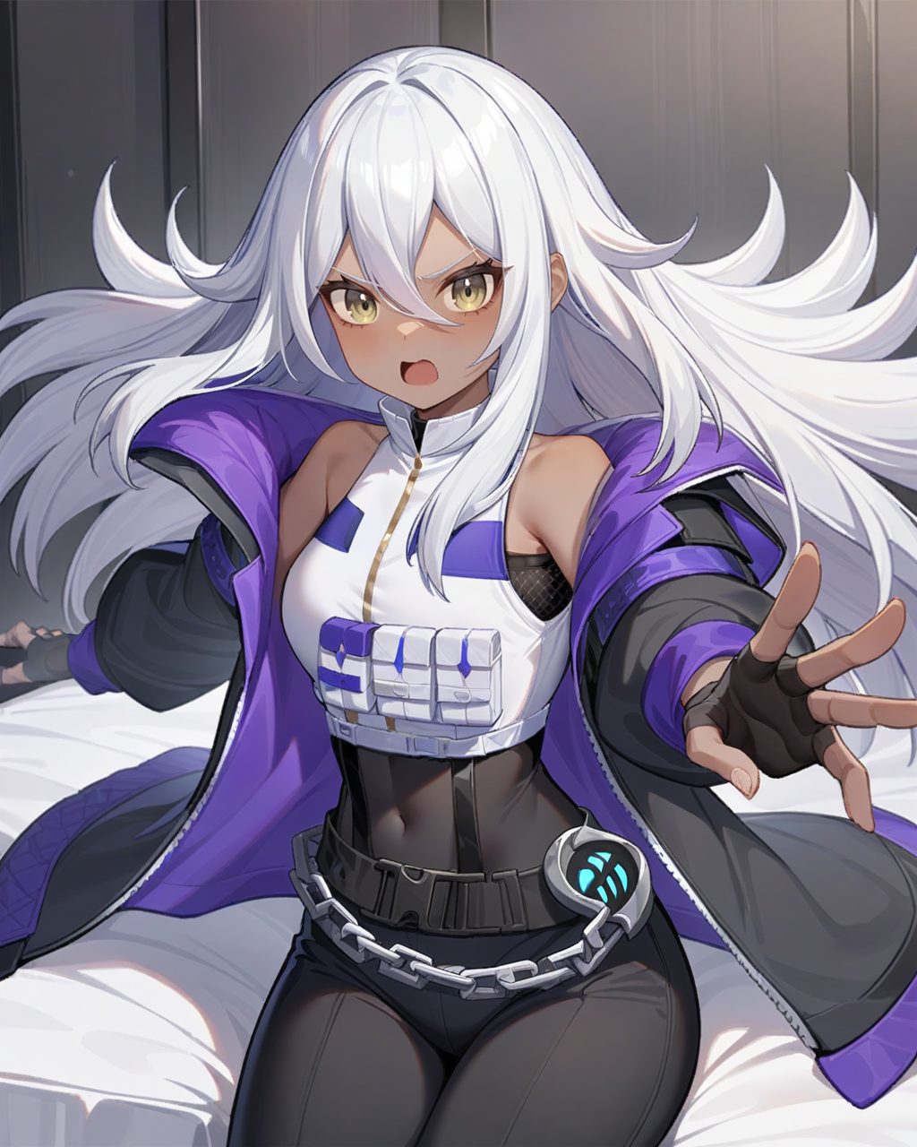 masterpiece,best quality,bedroom,sitting,bed,punching towards viewer,looking at viewer,open mouth,cowboy shot,
<lora:namu_xl:0.75>,namu snowbreak,1girl,solo,long hair,gloves,dark skin,fingerless gloves,shirt,white shirt,dark-skinned female,off shoulder,hair between eyes,chain,belt,sleeveless shirt,open clothes,white hair,bangs,jacket,black gloves,sleeveless,long sleeves,floating hair,black jacket,