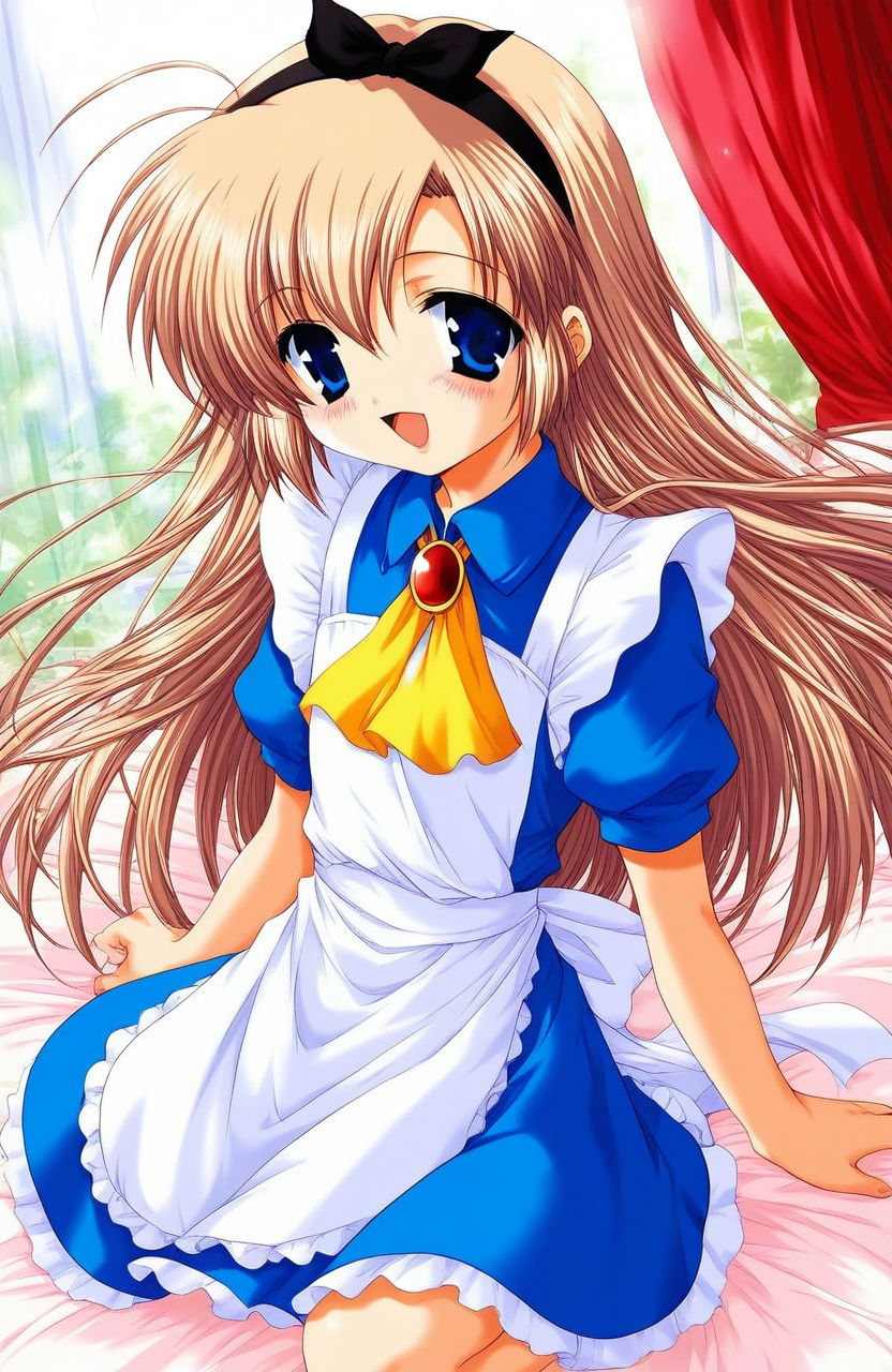 score_9, score_8_up, score_7_up, source_anime, rating_explicit, BREAK <lora:Mizuki_Shiori_XL:1>Mizuki_Shiori, blue eyes, flat chest, brown hair, short stack, happy,
long hair, blue eyes,  hairband, blonde hair, dress, blush, apron, brooch, alice (alice in wonderland), jewelry, Yellow ribbon,  ascot, hair ribbon, short sleeves,
bed room, curtain,