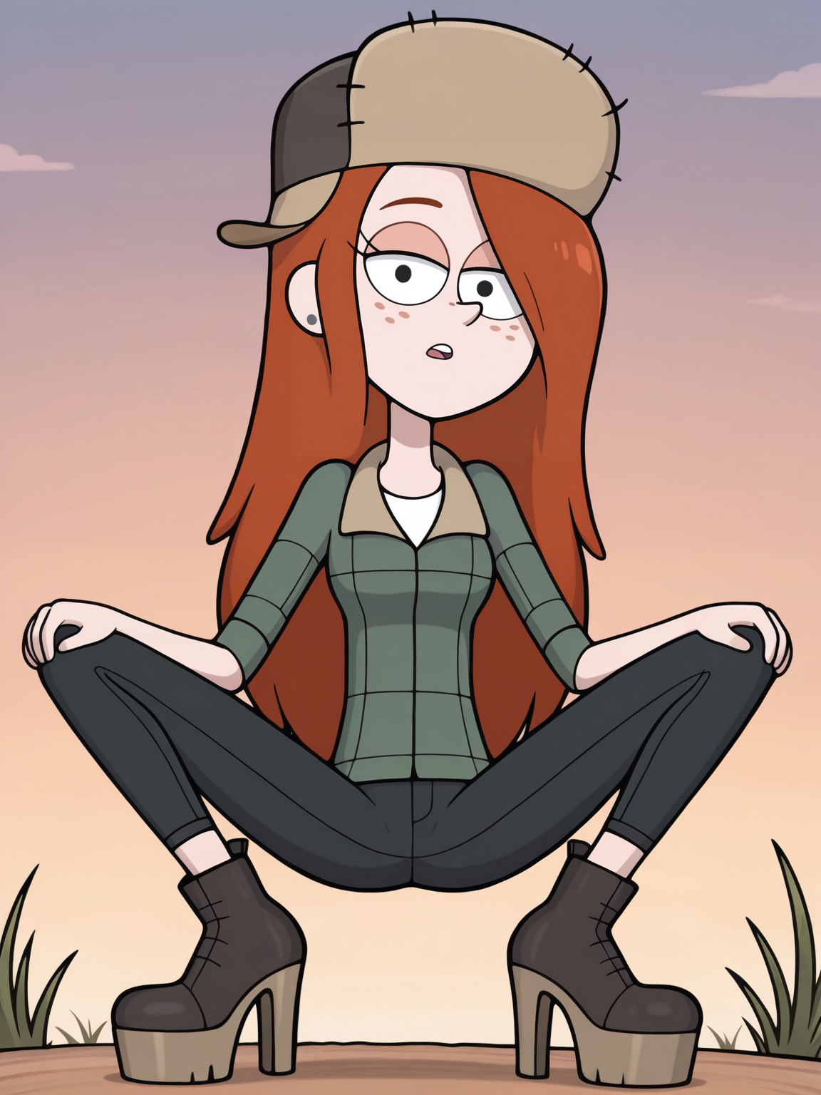 <lora:WendyCorduroyIL:0.7> w_g_f, 1girl, ginger hair, pupils black dots, black eyes, freckles, gray earrings, fur hat,
looking at viewer, squatting, front view, spreading legs, platform high heels