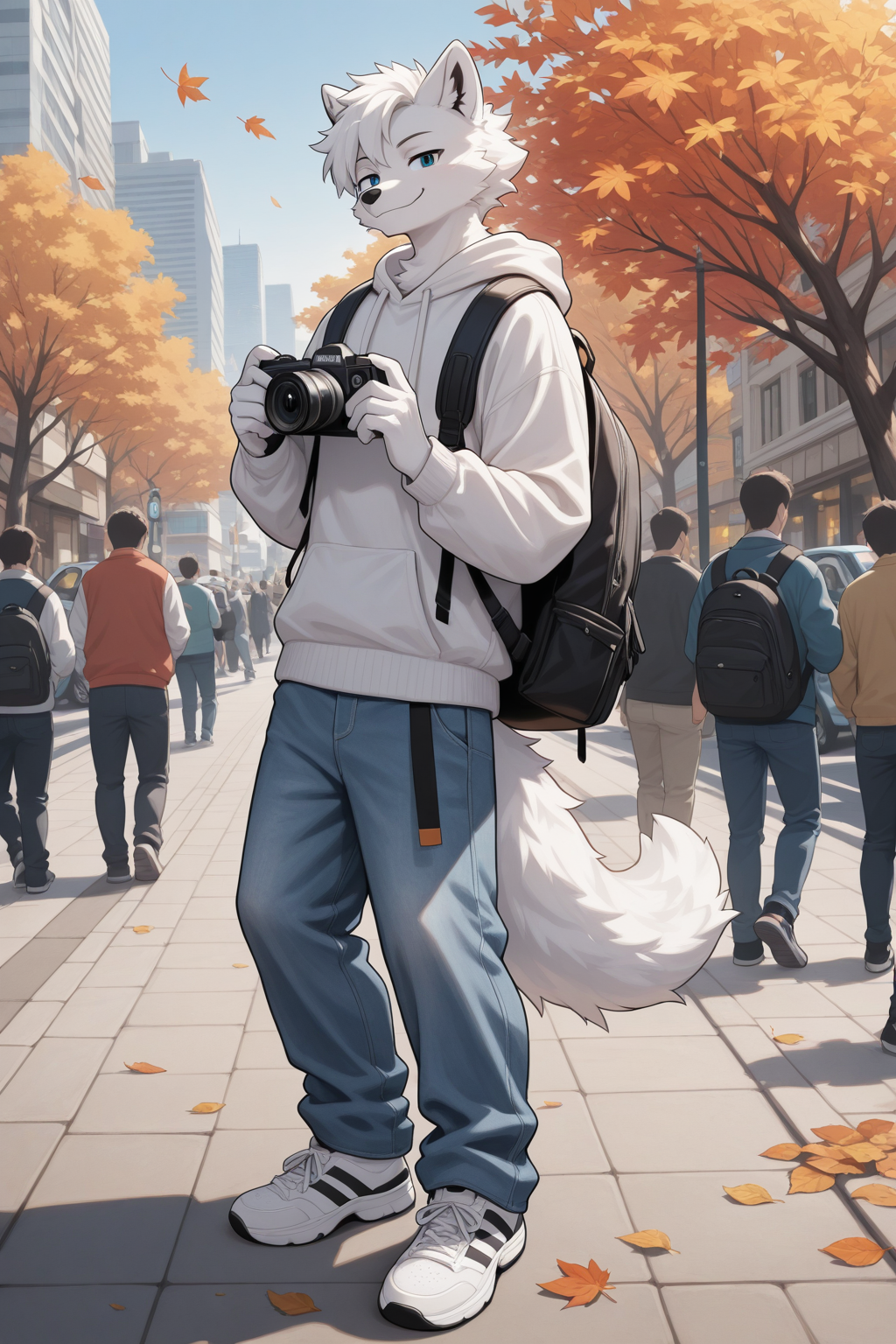 (masterpiece: 1.1), (best quality: 1.4), score_9_up, score_8_up, score_7_up, score_6_up, solo, male, 1boy, full body, arctic fox, white fur, outdoors, city, autumn, shading, shaded, fully clothed, safe, anthro, white hair, detailed outfit, holding camera, sidewalk, street, cars, crowd, sneakers, smirk, backpack,  baggy jeans <lora:reij-rt:1>