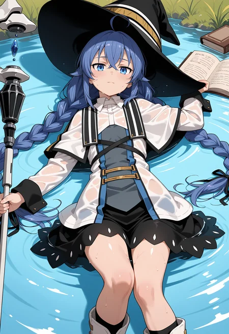<lora:Roxy Migurdia Greyrat_illustrious-000026:1>,
Roxy Migurdia,solo,staff,holding,braid,lying,wet,skirt,twin braids,on back,water,black skirt,book,capelet,long sleeves,white footwear,looking at viewer,closed mouth,holding staff,wet clothes,hat,witch hat,boots,white capelet,ahoge,shirt,mage staff,white jacket