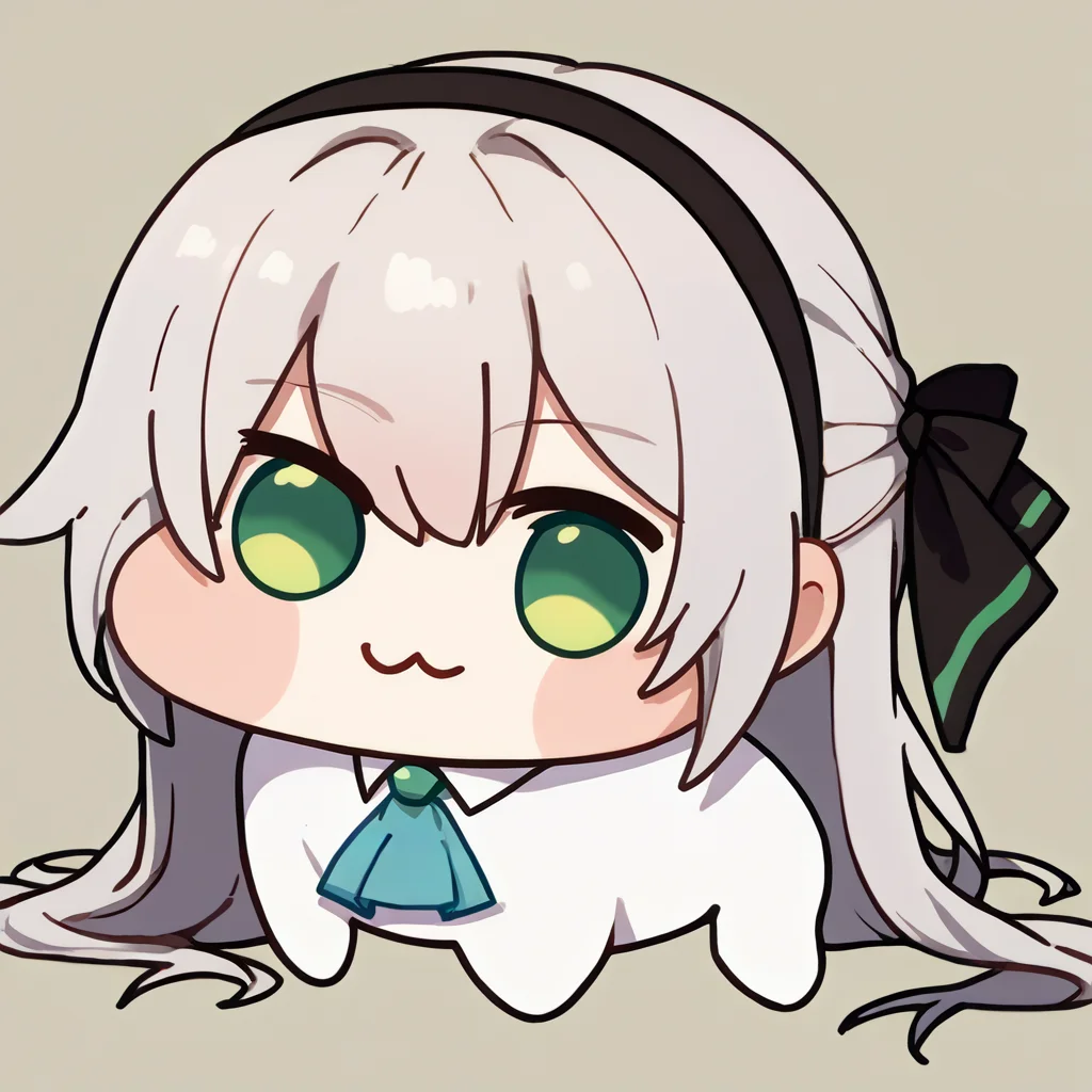 score_9, score_8_up, score_7_up, score_6_up, source_anime, 1girl, solo, <lora:elie-pdxl-nvwls-v2:1> zeroelie, grey hair, long hair, green eyes, black hairband, hair ribbon, black ribbon, blue ascot <lora:Doro_X_PDXL_V1:1> doro, creature, :3, chibi, no humans, white skin, four legs, solid circle eyes, no pupils, simple background, white background