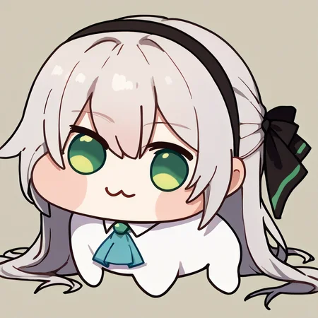 score_9, score_8_up, score_7_up, score_6_up, source_anime, 1girl, solo, <lora:elie-pdxl-nvwls-v2:1> zeroelie, grey hair, long hair, green eyes, black hairband, hair ribbon, black ribbon, blue ascot <lora:Doro_X_PDXL_V1:1> doro, creature, :3, chibi, no humans, white skin, four legs, solid circle eyes, no pupils, simple background, white background