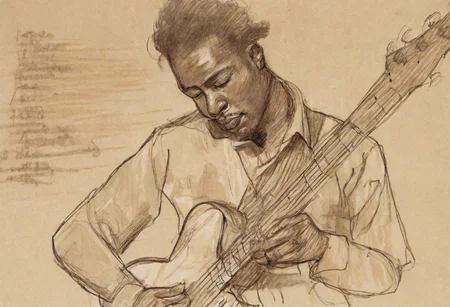 sketch, study,  a blues musician passionately plays an instrument on stage in a seedy downtown bar, pouring their soul into the music.