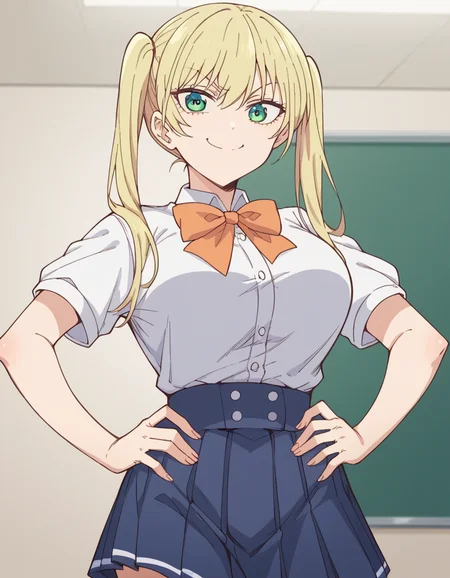 score_9, score_8_up, score_7_up, source_anime, <lora:rika-hoshizaki-s2-ponyxl-lora-nochekaiser:1>, rika hoshizaki, green eyes, blonde hair, twintails, large breasts,, skirt, shirt, bow, school uniform, white shirt, short sleeves, pleated skirt, bowtie, blue skirt,, indoors, smug, smile, looking at viewer, solo, hands on hips,, cowboy shot, dutch angle