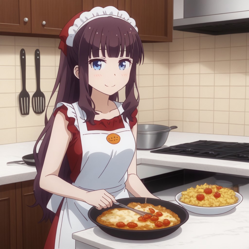 hifumi takimoto, solo, 1girl, apron, cooking, kitchen, (smiling:0.5),,
fresh food, tasty food, simple food,,
looking at viewer,, 2D, anime style, anime coloring,,masterpiece, best quality, absurdres, very aesthetic