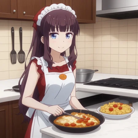 hifumi takimoto, solo, 1girl, apron, cooking, kitchen, (smiling:0.5),,
fresh food, tasty food, simple food,,
looking at viewer,, 2D, anime style, anime coloring,,masterpiece, best quality, absurdres, very aesthetic