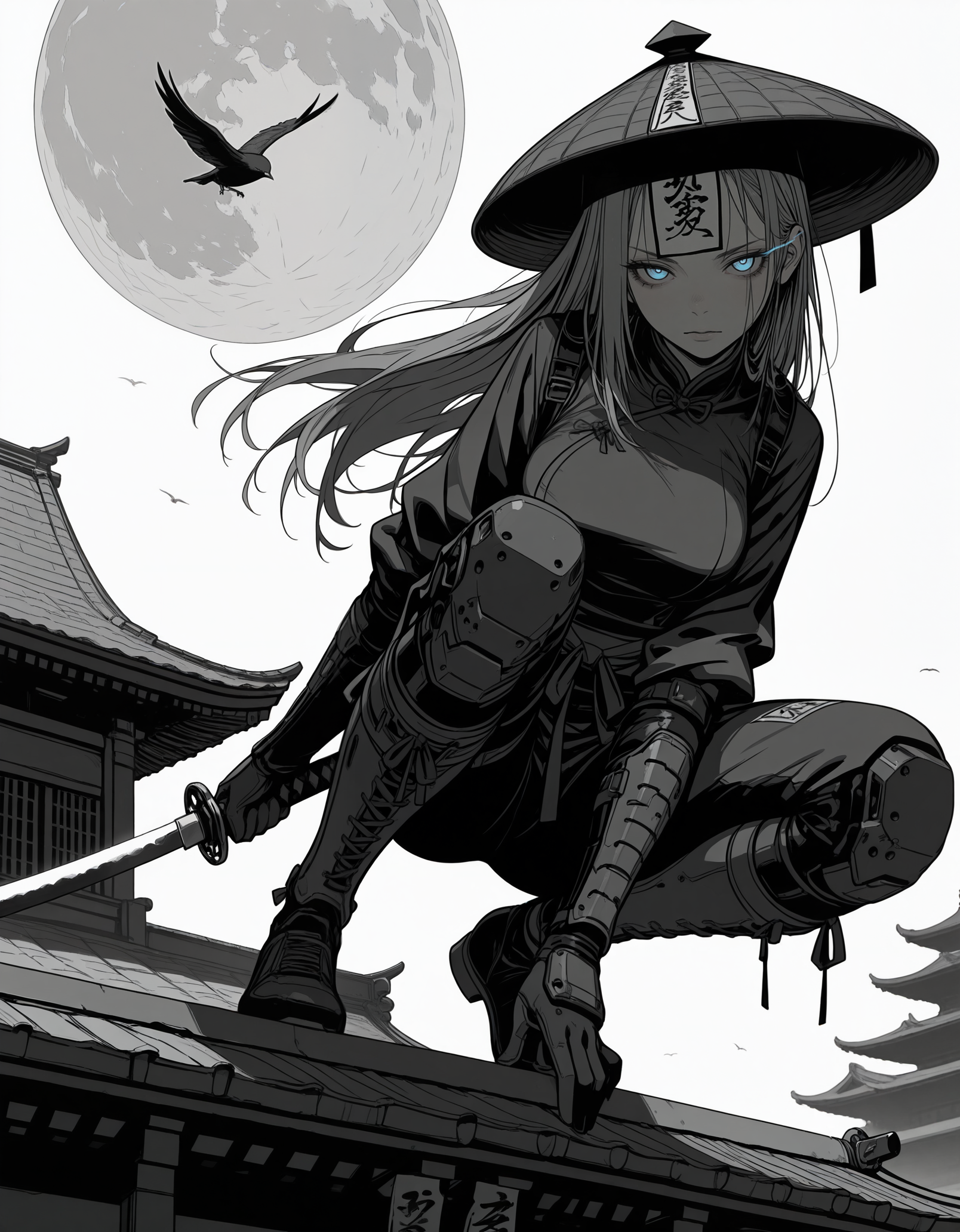 masterpiece, best quality,high quality, newest, highres,absurdres,  <lora:Sinozick_style-000019:1>,Sinozick_illu,hat,dynamic pose,  1girl, solo, monochrome, greyscale, looking at viewer, bird,Kasa (hat), long hair, mechanical lower body,O-fuda,moon,holding katana,   white background, simple background,blue eyes,glowing eyes, eye trail,temple,depth of field,