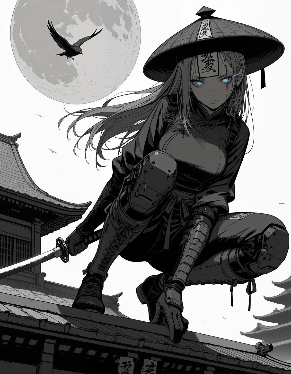 masterpiece, best quality,high quality, newest, highres,absurdres, <lora:Sinozick_style-000019:1>,Sinozick_illu,hat,dynamic pose, 1girl, solo, monochrome, greyscale, looking at viewer, bird,Kasa (hat), long hair, mechanical lower body,O-fuda,moon,holding katana, white background, simple background,blue eyes,glowing eyes, eye trail,temple,depth of field,