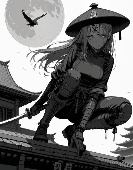 masterpiece, best quality,high quality, newest, highres,absurdres, <lora:Sinozick_style-000019:1>,Sinozick_illu,hat,dynamic pose, 1girl, solo, monochrome, greyscale, looking at viewer, bird,Kasa (hat), long hair, mechanical lower body,O-fuda,moon,holding katana, white background, simple background,blue eyes,glowing eyes, eye trail,temple,depth of field,