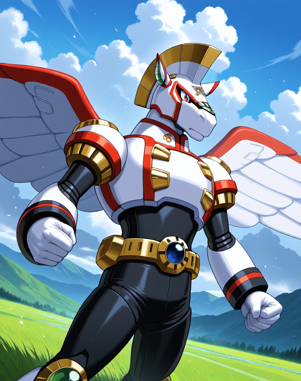 <lora:Spiral_Pegasus_(Mega_Man_X)_(Illustrious)_(AD):1.35> Spiral Pegasus, reploid, MMX, 
exterior, blue sky with clouds, mountain valley, grassy valley,
dutch angle, dynamic action, cowboy shot, 
male focus, intense shadows, dynamic shadows, intricate details, attention to details, gradient coloring, robot, bright vivid colors, deep metallic colors, glossy metal body, wings, pelvic focus, 
BREAK very awa, masterpiece, best quality, amazing quality, very aesthetic, highres, absurdres,
EZRealPONYXL, zPDXL, Smooth Quality, lazynsfw,