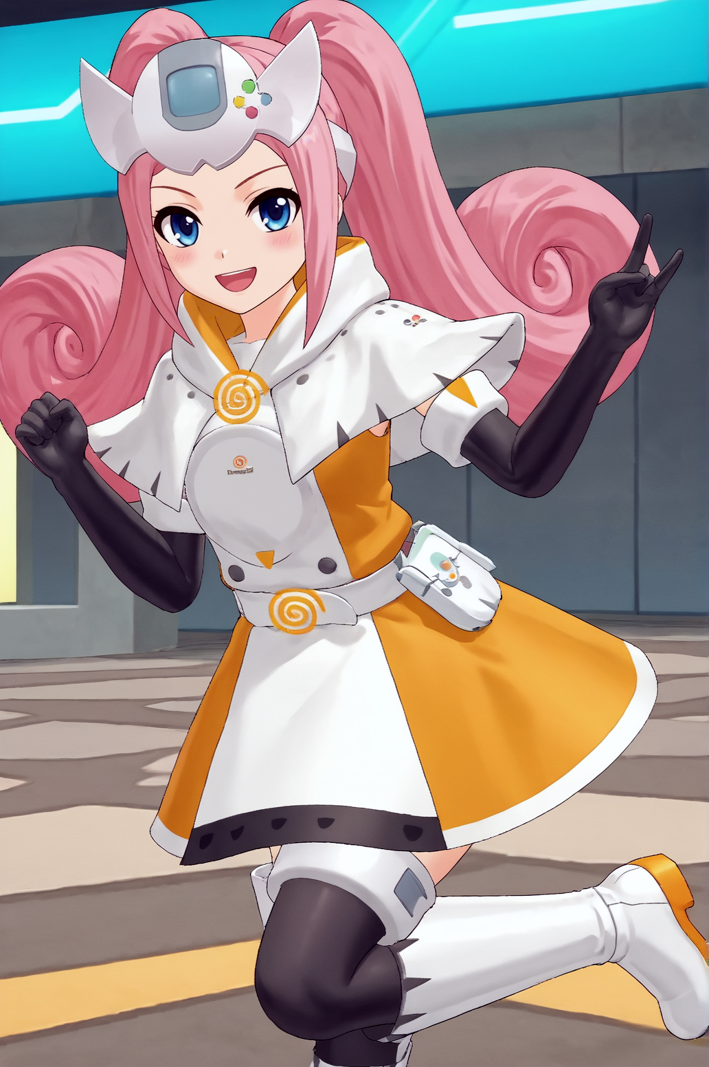 score_9, score_8_up, score_7_up,anime_source, source_anime, best background, detailed background, anime screencap,  Dreamcast, 1girl, black gloves, game console, gloves, looking at viewer, solo, dress, elbow gloves, blush, seductive smile, skirt, victory pose, victory fingers, white boots, black thighhighs,  indoors,  <lora:JN_Dreamcast:0.8>