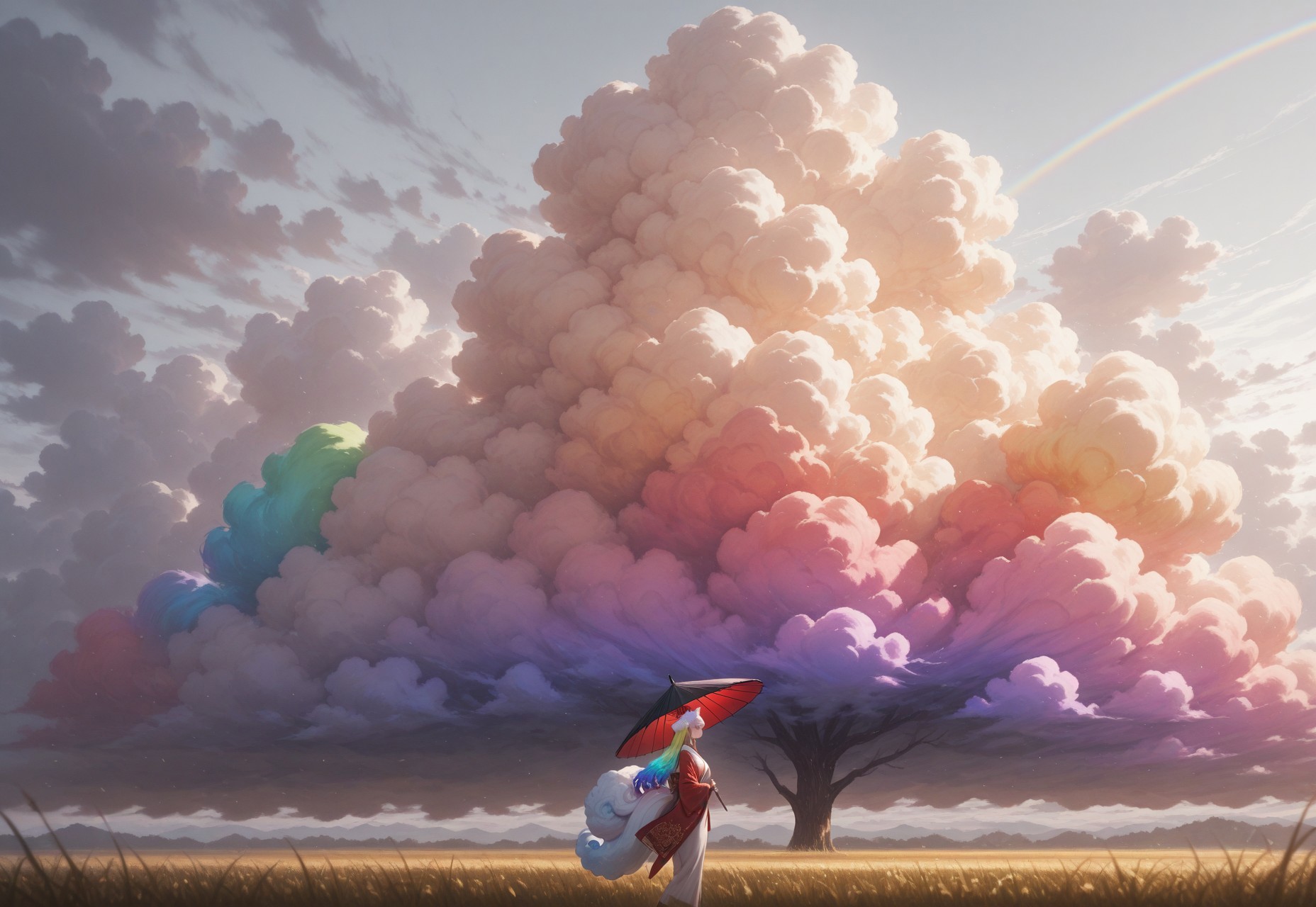 masterpiece, best quality, absurdres,anime style,detailed eyes,
1 female solo,((((Cloud hair)))),long hair,blue eyes,kitsune tails,white kimono,red sleeves,golden embroidery,
wide shot,from side,feet out of frame,low angle,
looking to the left,sun umbrella,washi umbrella,multicollored umbrella,red umbrella,black umbrella,walking along rye field,

white background, ((((huge fluffy Clouds)))),((((rainbow gradient cloud))))