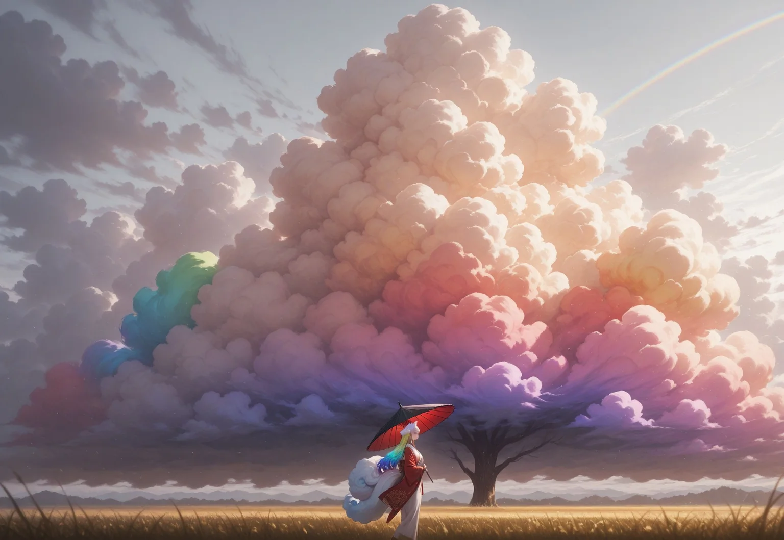 masterpiece, best quality, absurdres,anime style,detailed eyes,
1 female solo,((((Cloud hair)))),long hair,blue eyes,kitsune tails,white kimono,red sleeves,golden embroidery,
wide shot,from side,feet out of frame,low angle,
looking to the left,sun umbrella,washi umbrella,multicollored umbrella,red umbrella,black umbrella,walking along rye field,
white background, ((((huge fluffy Clouds)))),((((rainbow gradient cloud))))