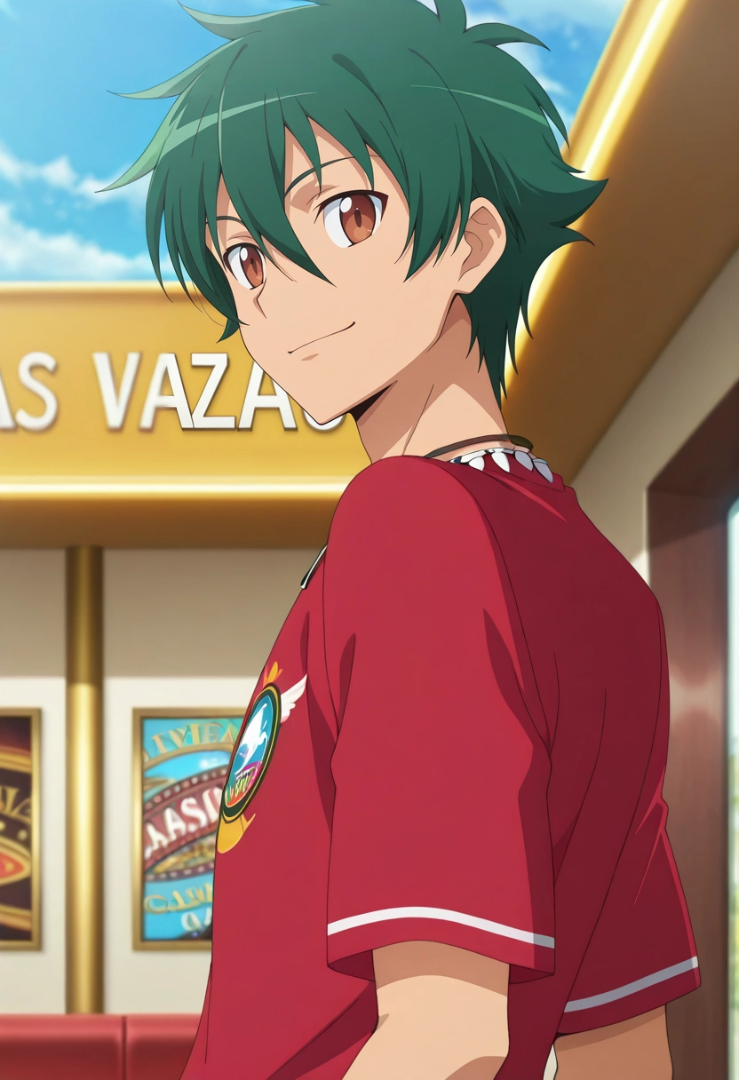 masterpiece, best quality, intricate details, anime screencap, anime coloring, official style, , 1boy, solo, male focus, <lora:sadao_maou_ilxl:1>, sadao_maou, green hair, brown eyes, s2, short hair, hair between eyes, upper body, las vegas, casino, day, sunny, twisted torso, happy, native american costume