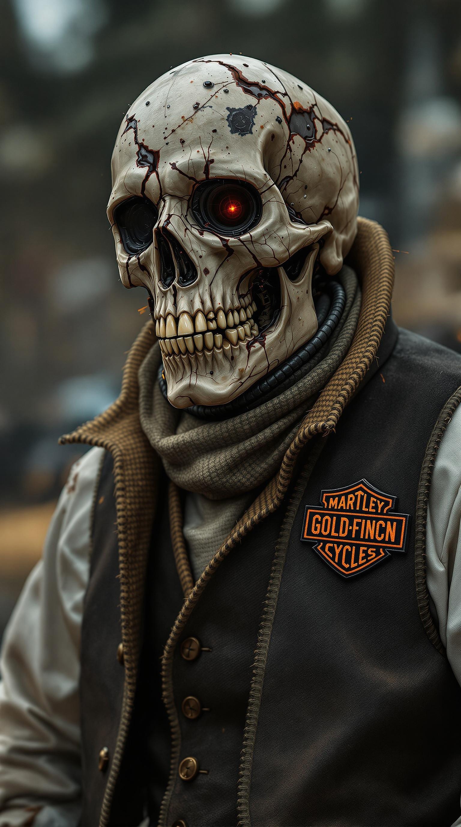 Harley Davidson of the future, riddled with a skull wearing a vest and tweeds, and on the vest's paechers the insignia with the name of the Goldfinch can be clearly read.