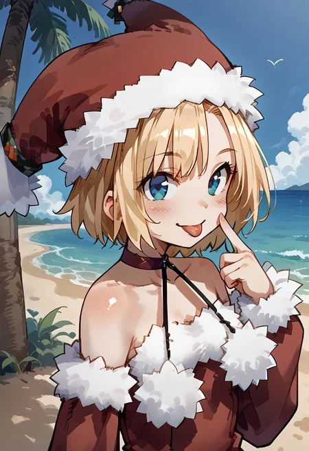 score_9, score_8_up, score_7_up,s, source_anime,zPDXL3,
BREAK
1girl_Witch,blonde hair,
fur-trimmed sleeves, hat, fur-trimmed dress, fur-trimmed red clothes, fur-trimmed headwear, red footwear, bare shoulders, pom pom \(clothes\), choker, detached sleeves,
blush,smile,
BREAK
soro,
akanbe, eyelid pull, finger to eye, tongue out, :p, tongue, ;p,
bent over,
shiny skin, shiny, oily skin, oily face,shiny face,
beach,palm tree,
extremely detailed , detailed background,
upper body,
from side,
looking at viewer